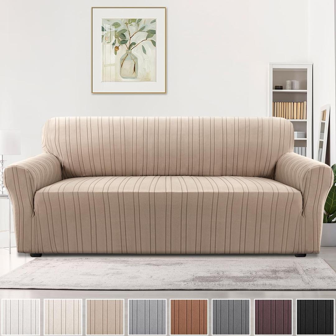 H.VERSAILTEX High Stretch Sofa Slipcover 1-Piece Couch Cover Non Slip Sofa Cover with Elastic Bottom Thick Soft Sofa Covers Washable Polyester Spandex Jacquard Fabric Stripe Design(Sofa, Sand)