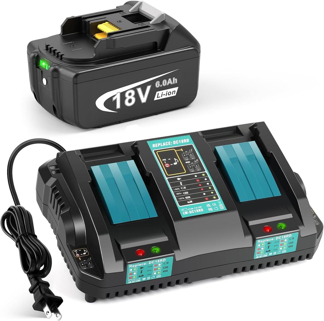 18V 6.0Ah Replace Long-Lasting Lithium Battery & Fast Charger for Makita 18V Battery & Tool, 18 Volt DC18RD Dual Ports Charger Compatible with Makita BL1860B BL1850B BL1840B BL1830B DC18RC