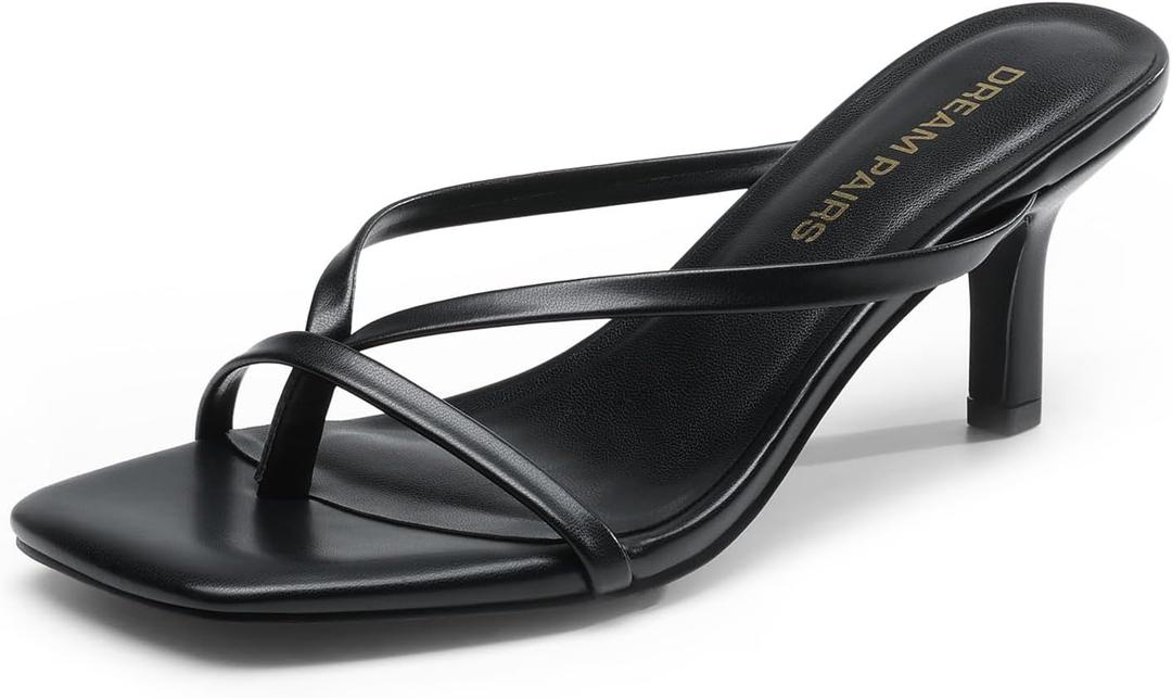 DREAM PAIRS Kitten Heels for Women Flip Flops Slip on Low Heels Open Square Toe Thong Heeled Strappy Sandals Slides Comfortable Dress Shoes, Size 9.5, Black, DWUMFF2503