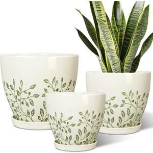MPotTo Ceramic Pots for Indoor Plants - 10+8+6 Inch Planters with Drainage Holes and Saucers, Decorative Boho Round Indoor Planters Pots, Room Decor, Gifts for Plant Lovers, Set of 3, White