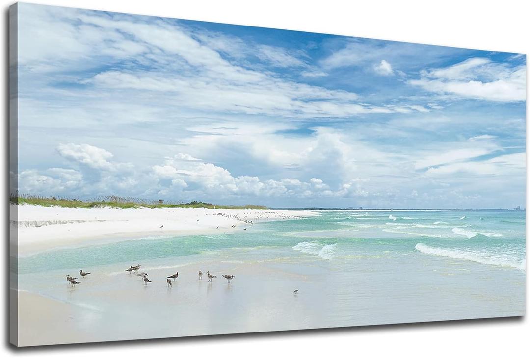 NINEASO Sea Beach Canvas Wall Art Aqua Ocean Pictures Nature Wall Decor Coastal Seagulls Prints Modern Seascape Painting Artwork for Living Room Bedroom Office Wall Decoration 24" x 48"
