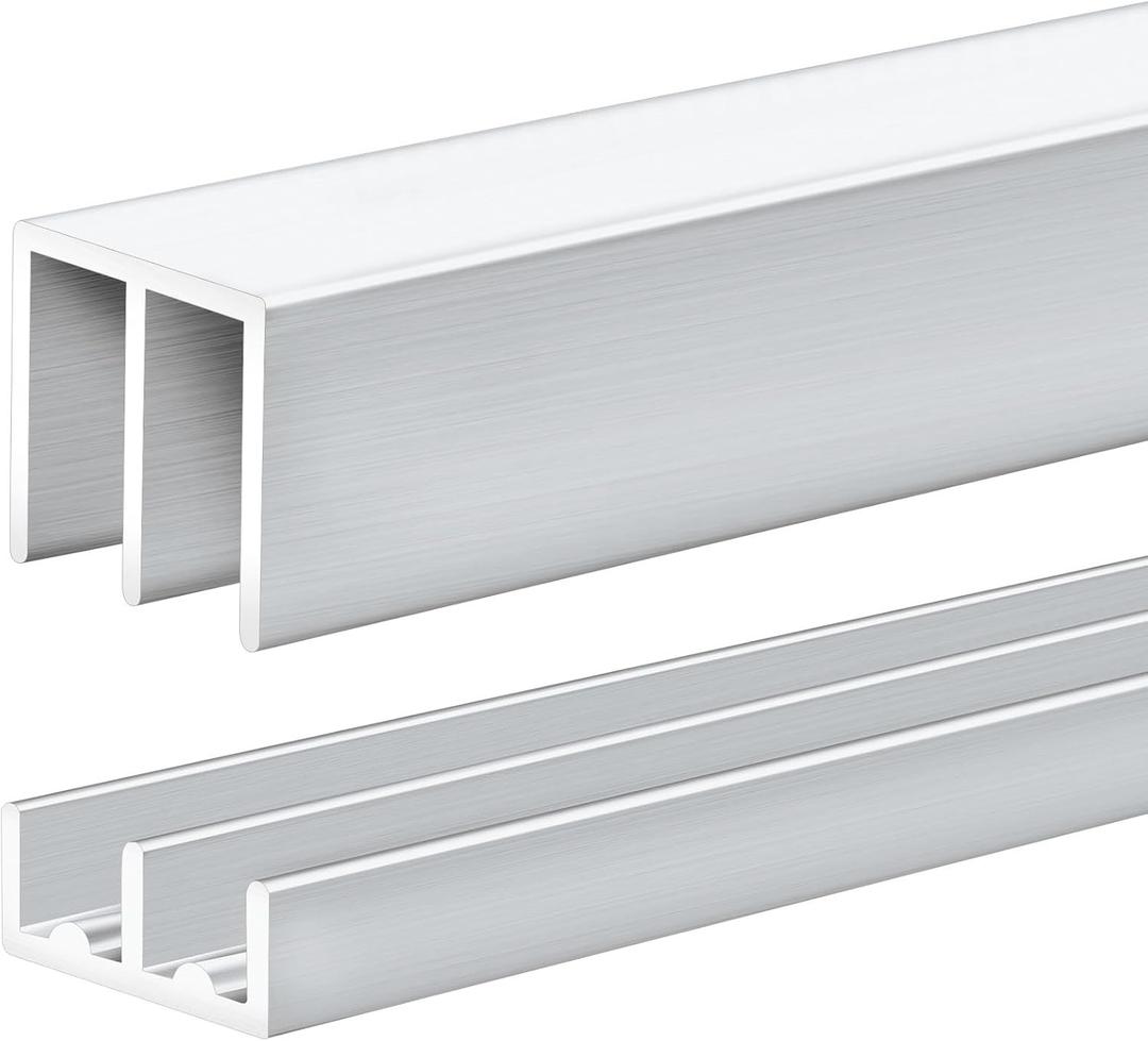 1 Set 4 ft Silver Aluminum Sliding Door Track Set for 1/4" Panels, Top and Bottom Closet Door Metal Track for Cabinet, Showcase, Glass or Wood Sliding Doors