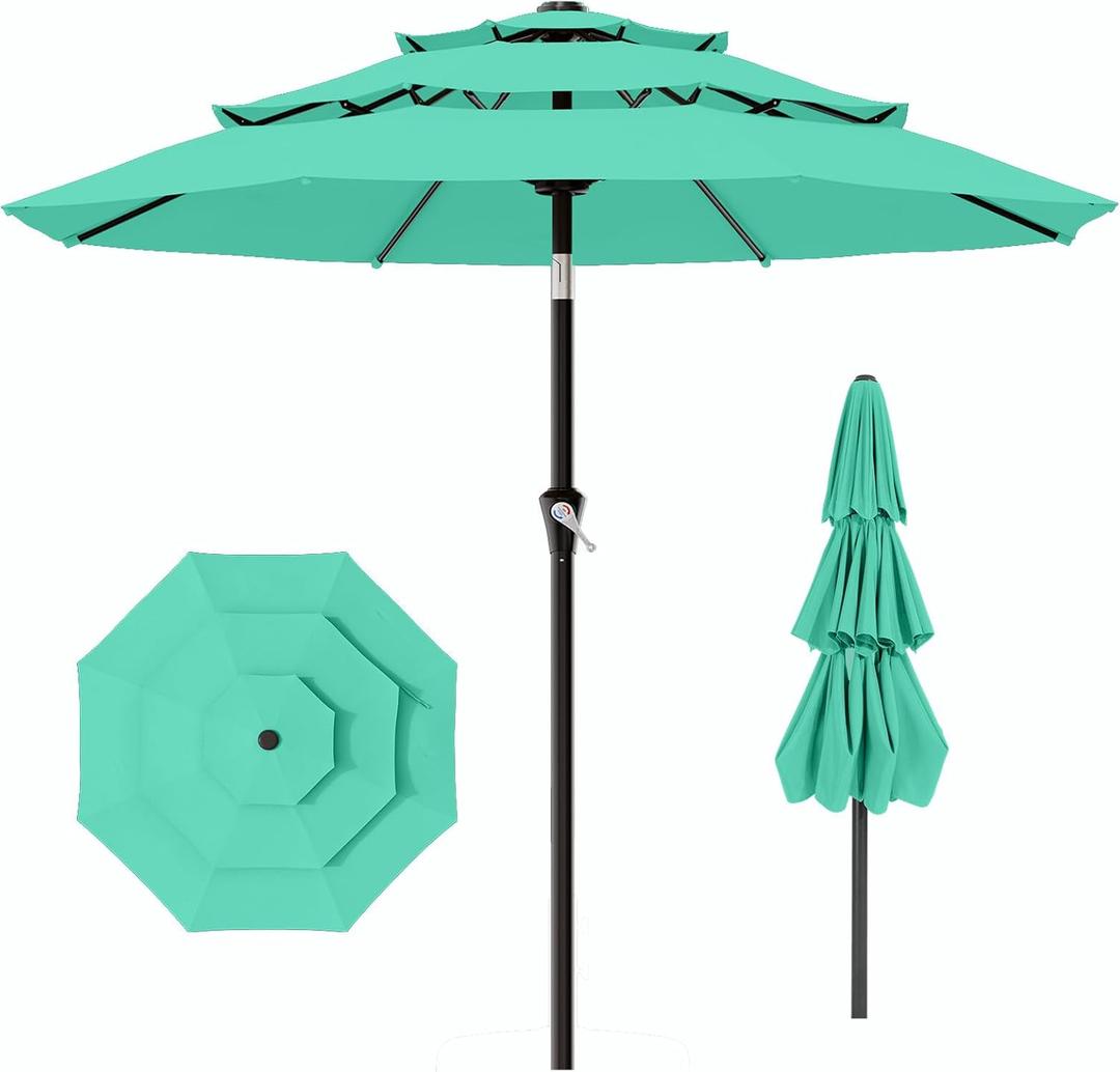 AreShark 9ft 3-Tier Patio Umbrellas, Outdoor Umbrella with 8 Sturdy Ribs UV Protection Windproof, Market Table Umbrella w/Push Button Tilt & Crank for Pool, Porch, Deck, Garden(Turquoise)