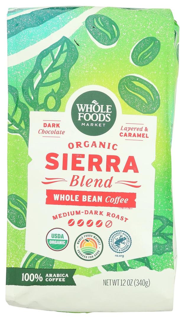 Whole Foods Market, Organic Sierra Blend Whole Bean Coffee, Medium-Dark Roast, Dark Chocolate & Caramel, 12 Ounce (EXP 07/21/26)