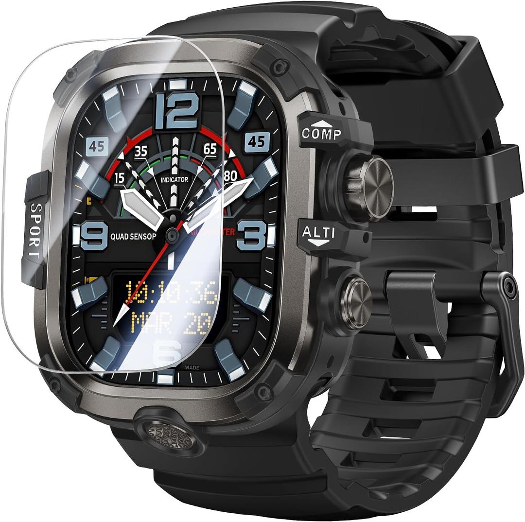 Goton Rugged Case and Band Kit with Screen Protector for Apple Watch 49mm, Compatible with Apple Watch Ultra 2/Ultra, Full Body Shockproof Metal+PC Bumper Cover with Soft Band, 49mm Black