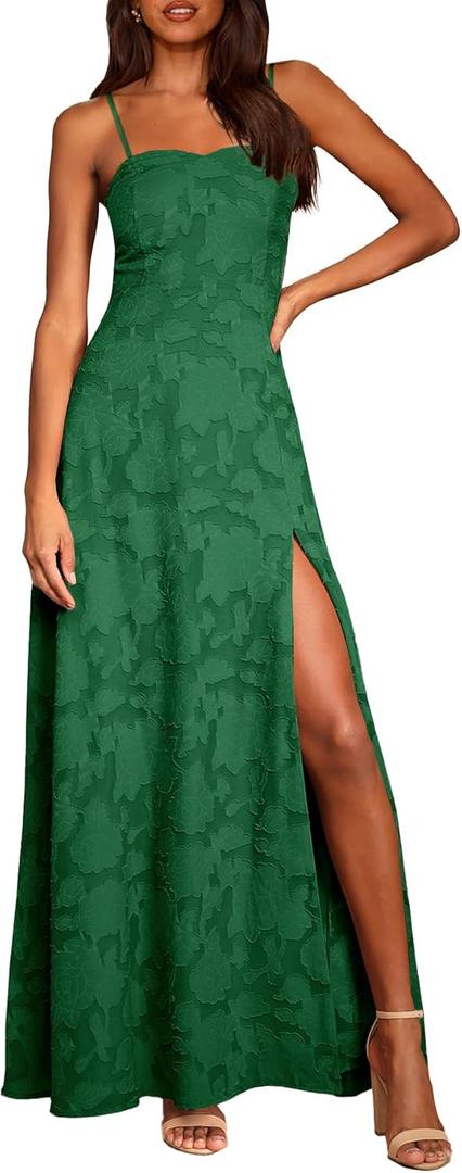 Ferlema Womens Elegant Sleeveless Maxi Dress Smocked Backless Floral Boho A Line Cocktail Long Dress Dark Green Small