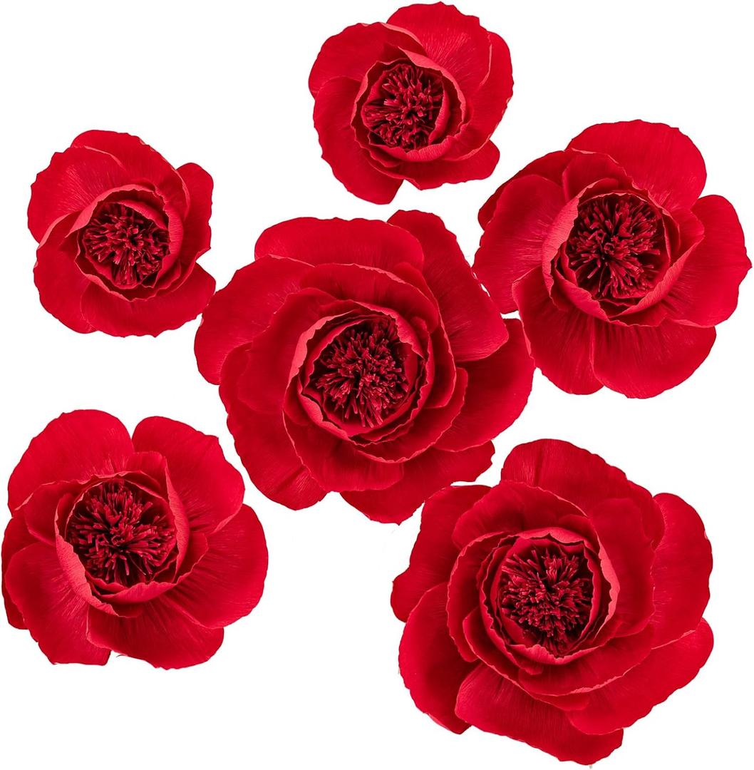 6 pcs 3D Paper Flower Decoration for Party, Wedding Decoration, Background Wall, Nursery Room Decoration, Bridal Shower, Baby Shower (Red,Set/6)