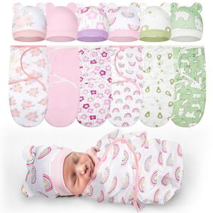 Ramede 6 Pack Preemie Swaddle Blanket with Hats Sleep Swaddle for Baby Boy Girl Preemie Newborn Sacks Soft Cotton Wearable(Flower,Pink and Green)
