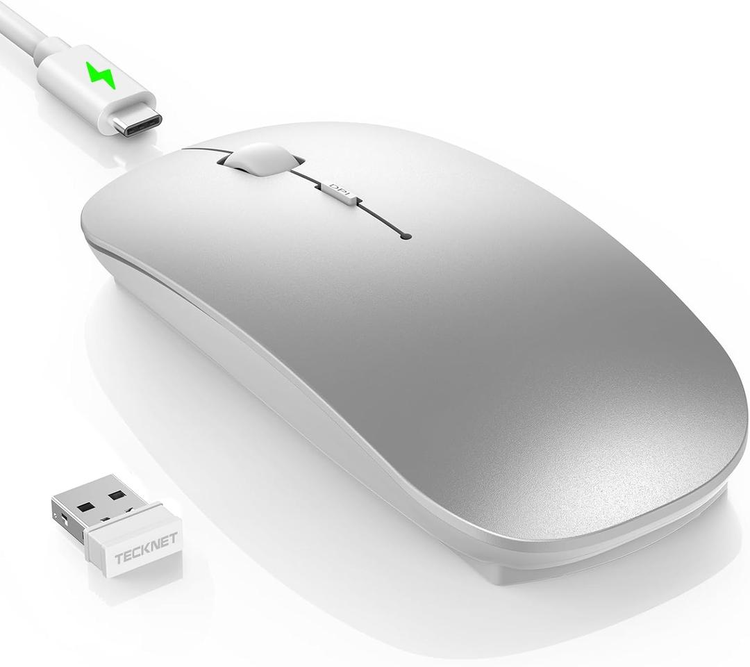 TECKNET Bluetooth Wireless Mouse, Rechargeable Silent Portable Computer Mouse, 6 Adjustable DPI, Dual Mode (Bluetooth 5.2/3.0 and 2.4G USB Receiver) for Laptop, iPad, MacBook, PC, Desktop, Android (silver)