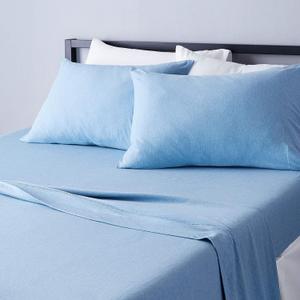 4 Piece Bed Sheets Set, 100% Cotton Jersey, Includes Super Soft, Flat and Fitted Sheets, Pillowcase, King, Sky Blue, Solid