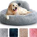 PetJett Calming Dog Beds Large Sized Dog - 36'' Round Bed, Anti-Slip & Washable Super Soft Donut Bed, Fluffy Faux Fur Anti-Anxiety Premium Comfort Pet Bed, Fits Dogs up to 100 lbs - Bright Grey