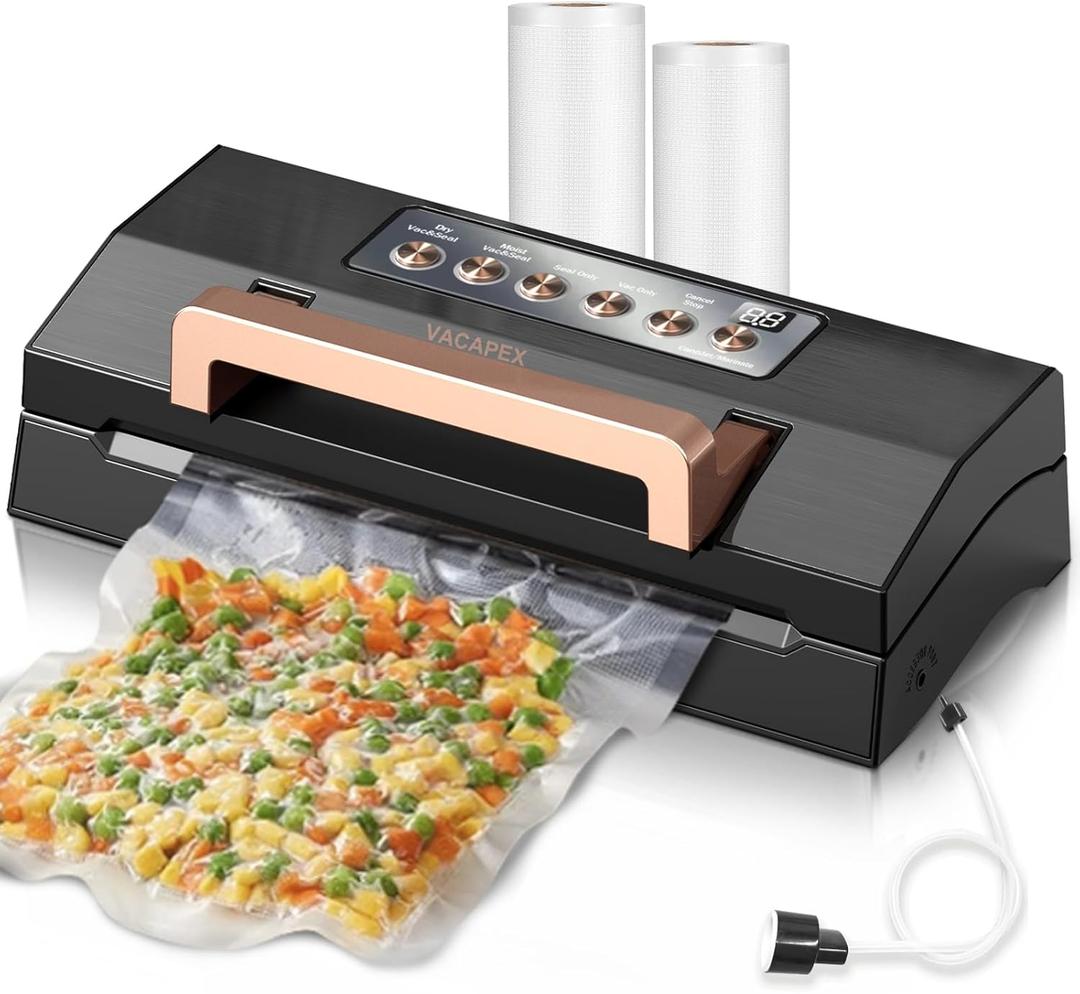 Black Stainless Steel Food Vacuum Sealer, VACAPEX Deluxe Vacuum Sealer Machine with 11" Double Heat Seal and Automatic One-Touch System, Bags Storage & Cutter, Easy-Lock Handle with 2 Bag Rolls