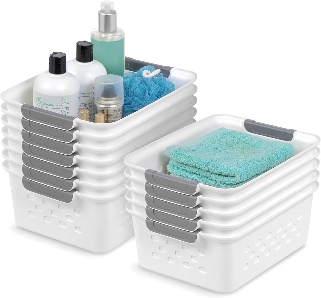 IRIS USA Plastic Storage Baskets, 12-Pack, Made in USA, Shelf Baskets Small Baskets Organizing Bins For Pantry Countertops Closet Shelves Office, Muti-Purpose, Nestable, Easy Carry, White