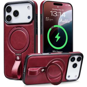 Butaiga for iPhone 17 Pro Leather Case with Stand, Anti-Slip Grip Ring, Fits for MagSafe (Burgundy, iPhone 17 Pro)