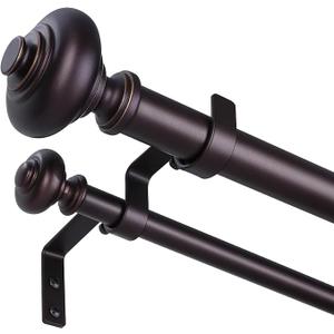 Bronze Double Curtain Rods for Windows 72 to 144 inch, Farmhouse Vintage Decorative 1 Inch Adjustable Long Dual Curtain Rod, Heavy Duty Boho Rustic Double Drapery Pole with Brown Grain Finial