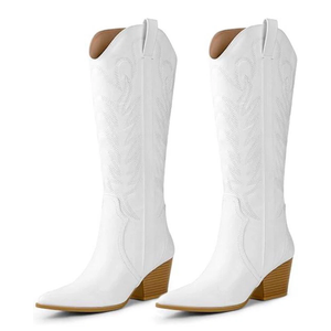 Arromic Cowboy Boots for Women Comfortable Women's Embroidered Western Cowgirl Knee High Boots Pointed Toe Zipper Chunky Heel Country Outfit Retro Tall Boots White 6.5