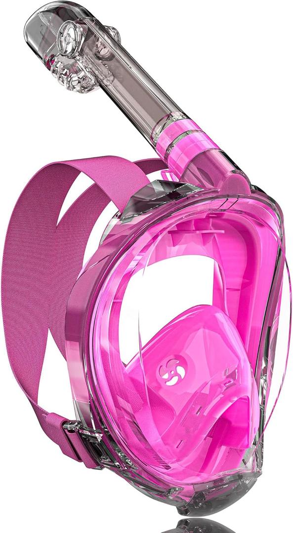 QingSong Full Face Snorkel Mask for Adults, Snorkeling Gear with Camera Mount, 180 Degree Panoramic View Snorkel Set Anti-Fog Anti-Leak (Small/Medium, Pink)
