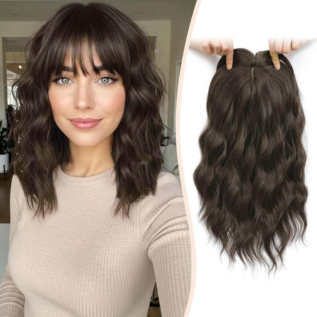MARJORIE Hair Topper,Wavy Hair Toppers for Women 14inch Natural Looking Hairpiece with Wispy Bangs, Volume Booster Wiglet for Full Coverage, Quick Styling for Party/Date Night/Social/Content Creators (Brown)