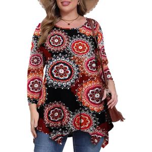 BELAROI Plus Size Tops for Women Fall Tunic Tops to Wear with Leggings 3/4 Sleeve Casual Swing Loose T Shirts Blouse S-5X (Red, XXL)