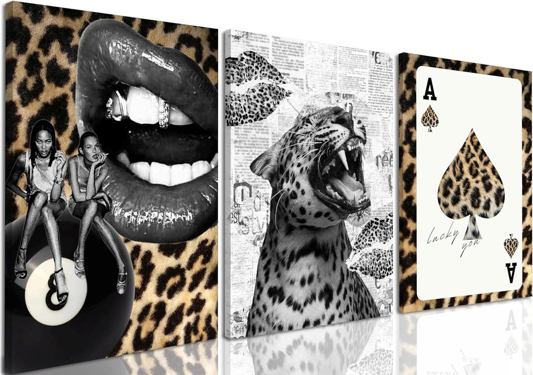 YYNISPIN Black Leopard Wall Art, Preppy Cheetah Wall Decor Painting, Fashion Black Girl Poster Canvas Prints Modern Teen Girly Artwork for Bedroom Living Room 16x24 inch Frame