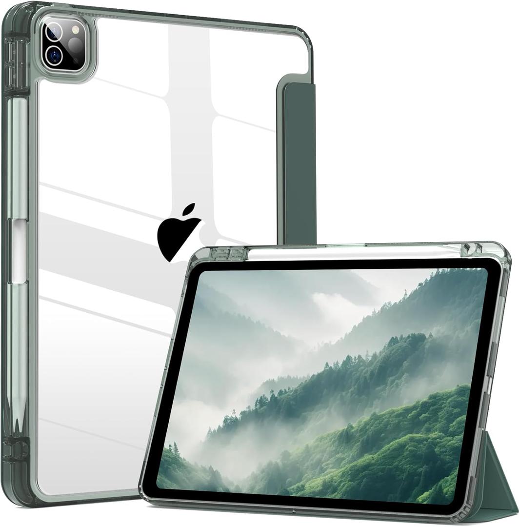 Kenke iPad Pro 11 Inch Case 4th/3rd/2nd Generation 2022/2021/2020 Support 2nd Pencil Charge with Right Side Pencil Holder, Transparent Acrylic Hard PC Back Cover & Colored Edge Side (Dark Green)