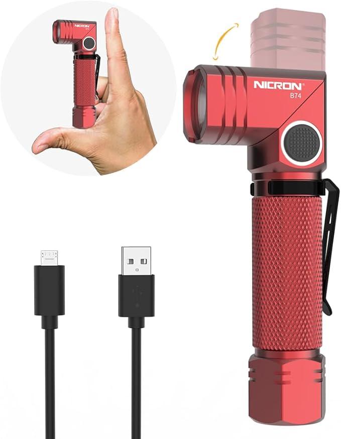 NICRON Flashlight, 700 Lumens 90 Degree Pocket Flashlight Rechargeable IP65 Waterproof 7 Modes for Camping, Outdoor, Hiking, Car Repairing, Gold (LED small type-Red)