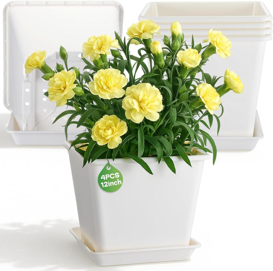 4 Set Large Square Plastic Planter with Drainage & Saucer, 12" Outdoor & Indoor Plant Pots with Drainage Holes, Garden Thick Plastic Pots Container, Uv-Resistant(12", Square, White)