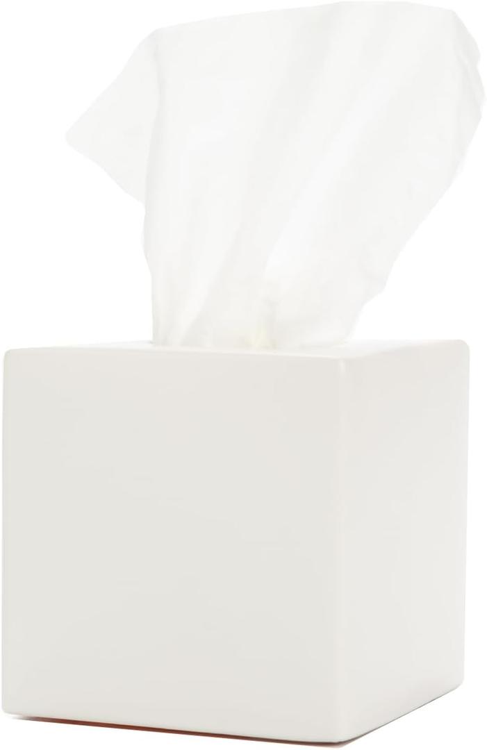Simple Solid Ceramic Tissue Box Cover Square Matte Finish Tissue Holder for Bathroom, Vanity, Nightstand, Office Decorative & Discreet Fits Standard Tissue Boxes (White)