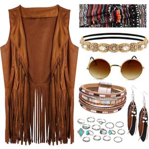 FEYIR 60s 70s Outfit for Women Hippy Accessories Fringe Hippie Vest Clothes for Halloween Disco Party Hippie Costume Set (Medium)