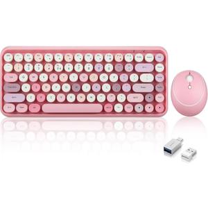 Perixx PERIDUO-713 Wireless Mini Keyboard and Mouse Combo, Retro Round Key Caps, Pastel Pink, US English Layout