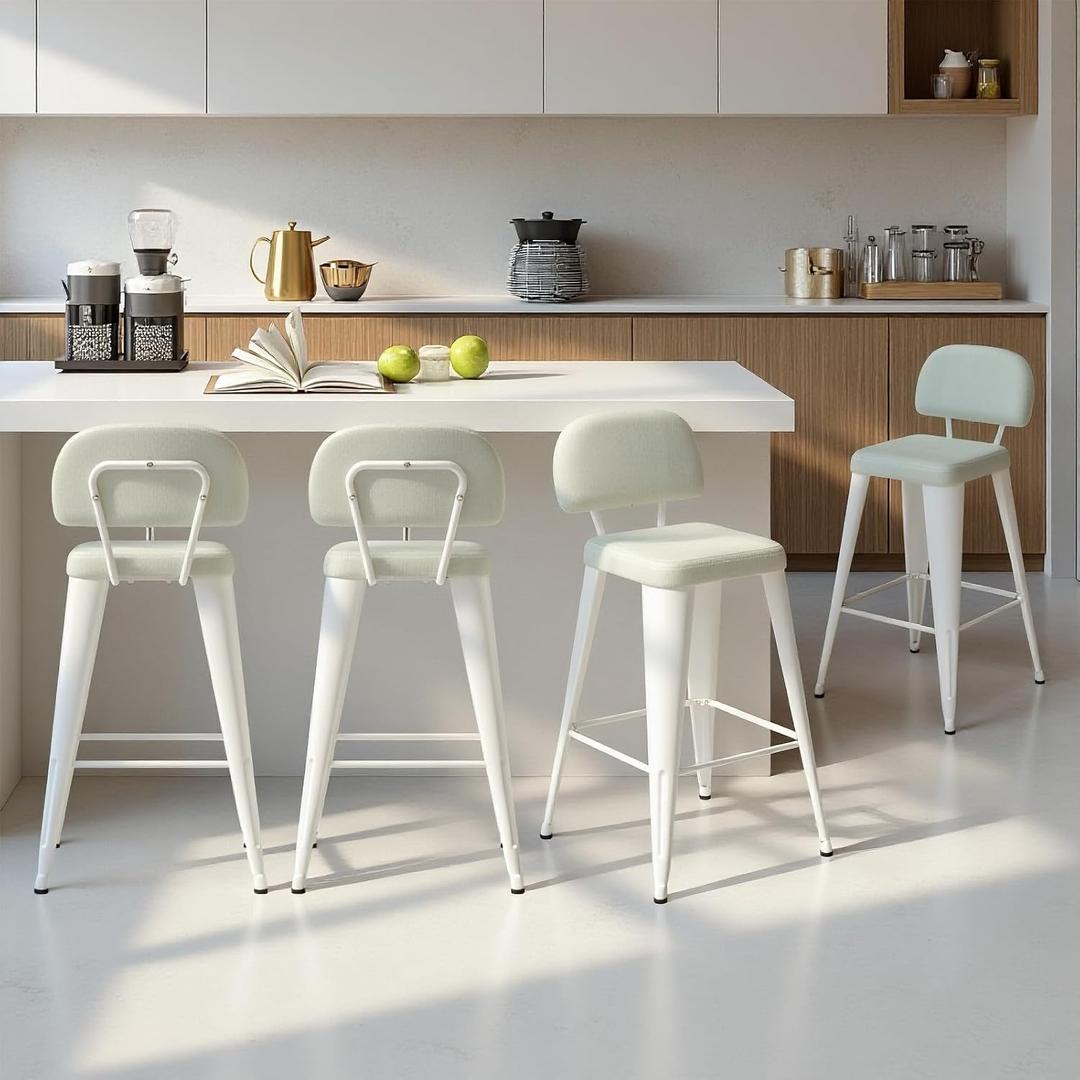 30" Bar Stools Set of 4, Faux Leather Counter Height Barstools with Low Back, Upholstered Bar Chairs with Pet-Friendly Design, Off-White
