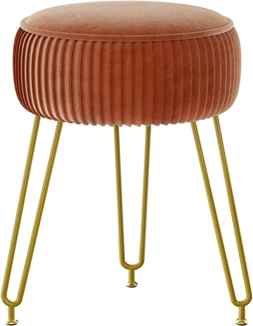 IBUYKE Velvet Round Footrest Stool Ottoman, Makeup Vanity Stool Side Table, Velvet Dressing Table Seat, Pouf Couch Stool, Golden Steel Legs, Orange LG-30J (without storage)
