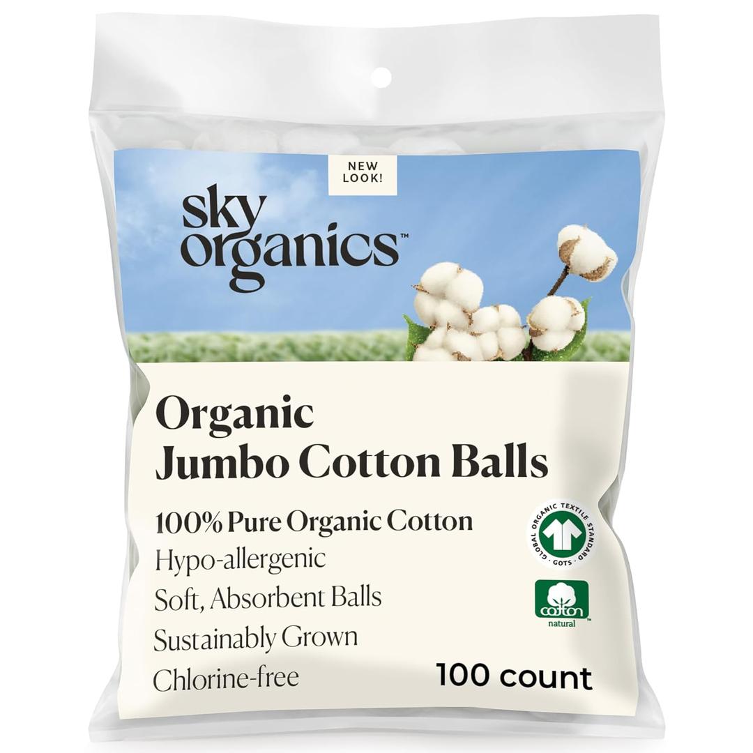 Sky Organics Jumbo Cotton Balls for Sensitive Skin, 100% Pure Organic Cotton Sustainably Grown, Chlorine Free, Hypoallergenic, Ultra-Soft and Absorbent for Beauty,Personal Care, 100 ct