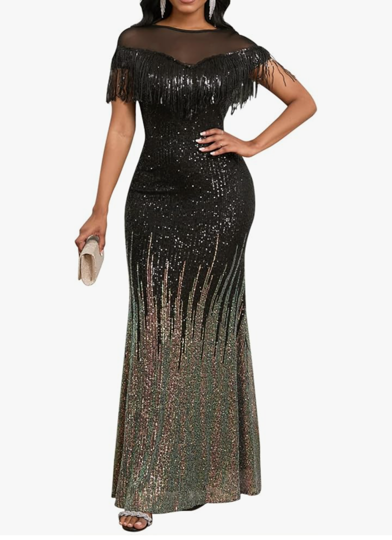 Cololura Sexy Sequin Tassel Mesh Perspective Party Cocktail Bodycon Evening Club Maxi Dress Size XL