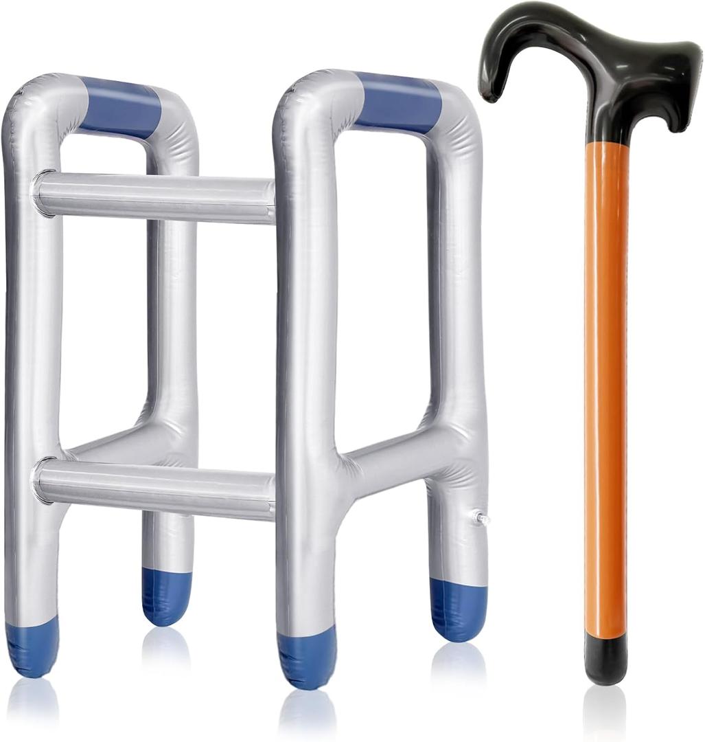 2Pcs Inflatable Walker and Cane,Funny Old Age Costume Accessories,Fake Cane Blow Up Toy Cane Prop for Halloween,Christmas,Retirement Party Decorations