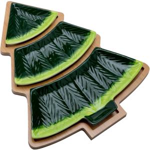 Christmas Tree Tray Set - 3-Piece Ceramic Christmas Tree Serving Trays with Wooden Base - Perfect Holiday Party Platter for Christmas Festive Decor and Entertaining