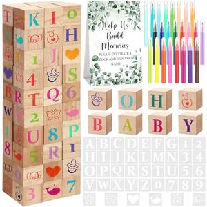 Wonderjune 147 Pcs Baby Shower Blocks Games Sets, 80 DIY Blank Wooden Block 42 Stencils 24 Watercolor Marker 1 Decorate a Block Game Sign for Gender Reveal Baby Shower Party Supplies(Eucalyptus)