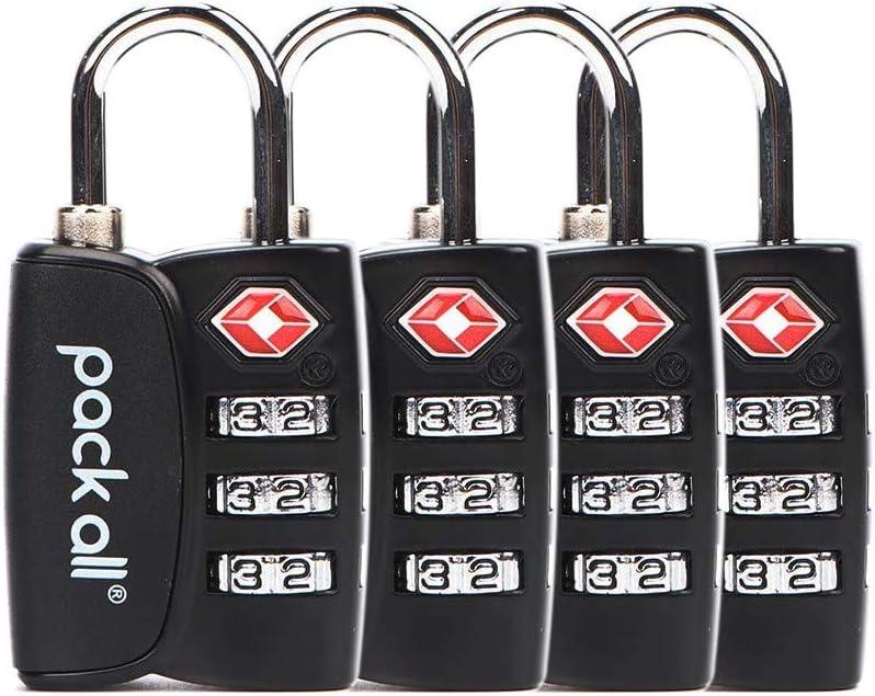 Pack all TSA Approved Luggage Lock, Inspection Indicator, Alloy Body, 3 Digit Combination Padlocks, Travel Lock for Suitcases & Bag, Travel Accessories (4 Pcs Black)
