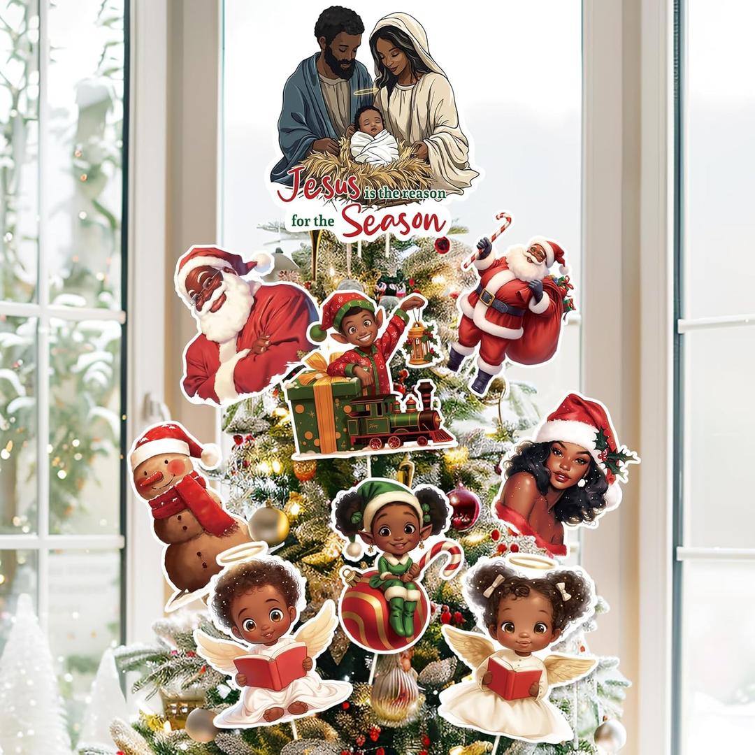 Christmas Black Santa Ornaments for Christmas Tree African American Topper 9Pcs for Xmas Tree Top Decoration Indoor Outdoor Home Decor Holiday Party
