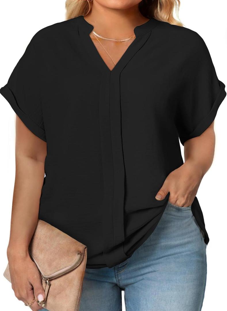 Eytino Womens Plus Size Summer Tops V Neck Short Sleeve Dressy Casual Blouse Work Shirts (Black, 2X)
