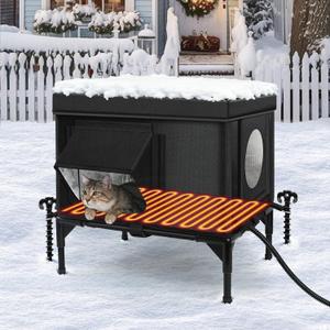 Heated Outdoor Cat House Weatherproof with Heating Pad, Heated Cats House for Outside, Insulated Feral Cat Houses for Outdoor Cats with Safe Escape Door, Elevated Outside Stray Cats Shelter(S) (S(17.3 * 12.6 * (11.8+5.9) In))