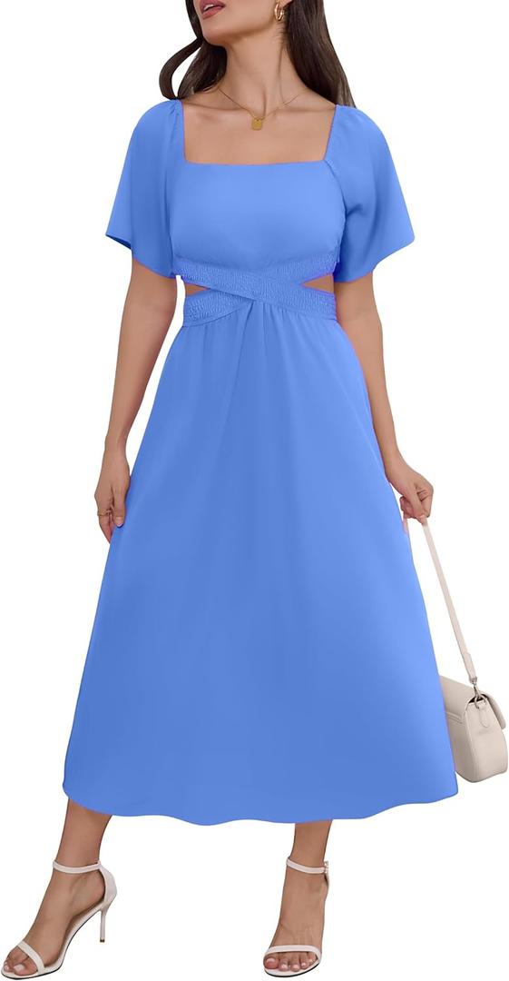 Women Square Neck Short Sleeve Dress 2025 Summer Midi Dresses Crossover Waist Casual Evening Party Vacation Dress (Blue, M)