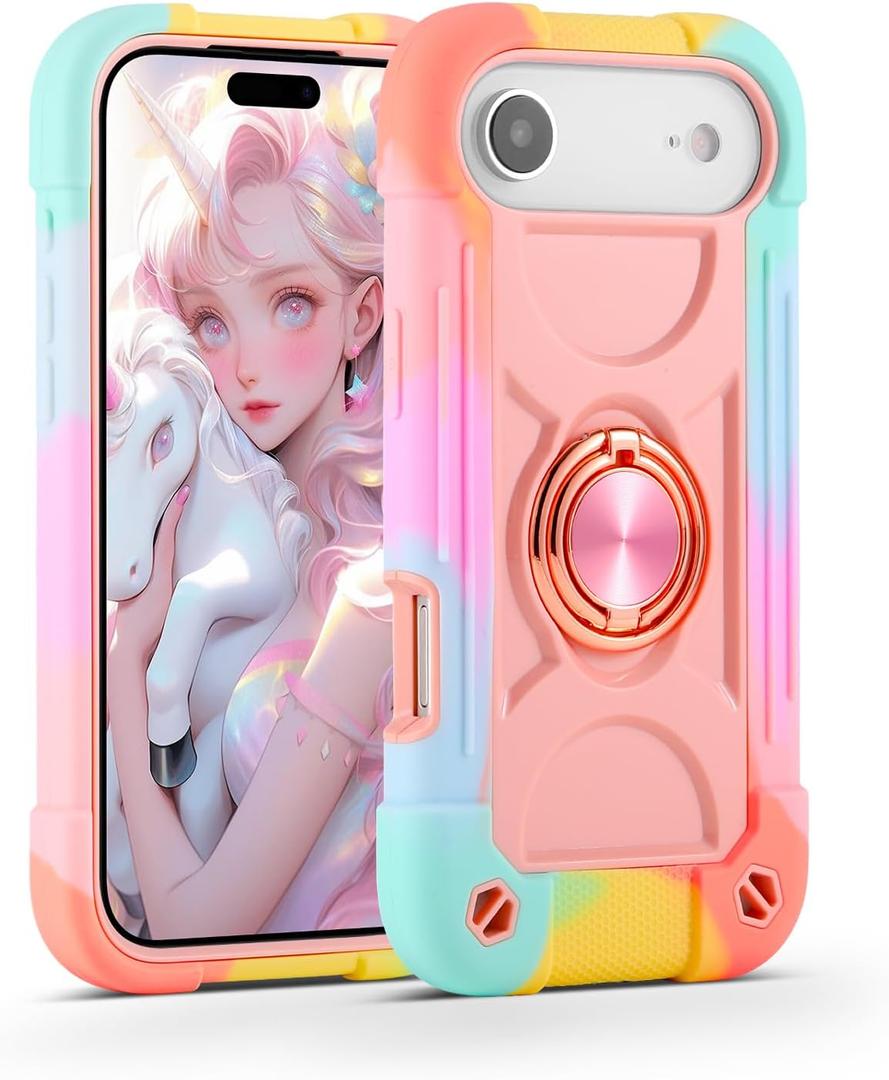 MARKILL Compatible with iPhone Air Case 6.5 Inch 2025 with 360 Degree Rotate Ring Stand, Military Grade Drop Protection Full Body Rugged Protective Case Kids (Rainbow Pink)