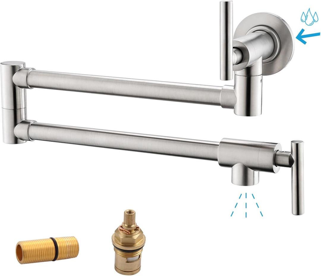 Havin Upside Down Pot Filler Faucet Wall Mount,Stainless Steel Material,with Stretchable Double Joint,2 cartridges Control Water,Brushed Nickel Color