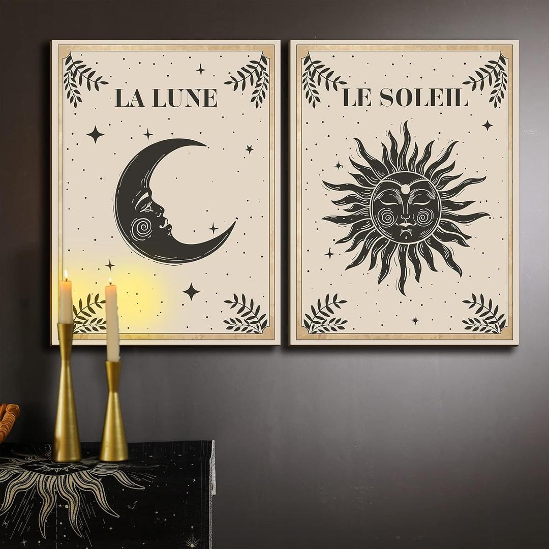 Geetery 2 Pcs Celestial Moon and Sun Wall Decor Wood Tarot Cards Boho Witchy Wall Decor Wooden Hanging Art Mystic Astrology decoration for Home Bedroom Living Room Gallery, No Frame