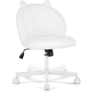 Vanity Chair with Cat Back,Armless Desk Chair Cute Small Office Chair,Teddy Fabric Computer Chair with Adjustable Height,120Tilting,Rolling,Swivel for Vanity,Kids Room,Office,Bedroom White, 17in x 18.1in x 28in