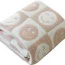 Ultra Soft Cozy Happy Smiling Face Checkered Knitted Throw Blanket Fluffy Microfiber Checkerboard Bed Blanket Lightweight Both Sides Blanket for Couch Sofa Bed (Smile Cream, Throw 50x60)