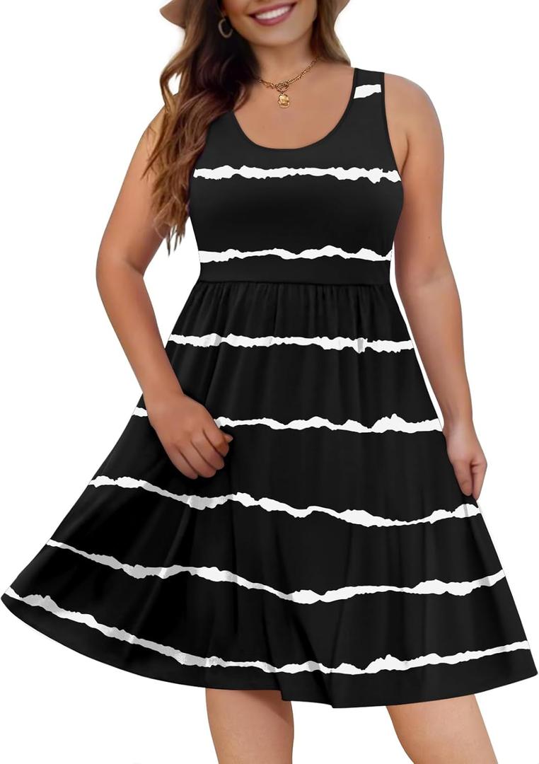 DB MOON Womens 2025 Plus Size Tank Dresses Sleeveless Knee Length Sundress with Pockets (18W, 01 Stripe Black)