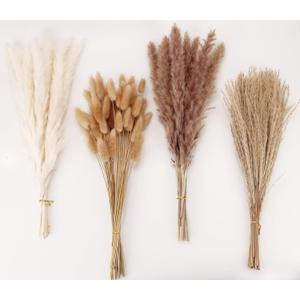 Dried Pampas Grass Decor, 100 Stems Pampas Grass Contains Bunny Tails Dried Flowers, Reed Grass Bouquet for Wedding Boho Flowers Home Table Decor, Rustic Farmhouse Party (17", White and Brown)