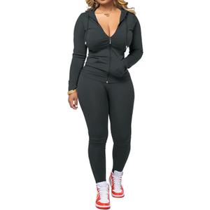 PINSV Women Two Piece Outfits Workout Sets Bodycon Tracksuit Long Sleeve Zip Up Hoodie Jacket Jogger Matching Sweat Pants Set (X-Large, Dark Grey)